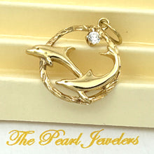 Load image into Gallery viewer, 2400078-14k-Yellow-Gold-Double-Dolphins-Circle-Cubic-Zirconia-Charm-Pendant