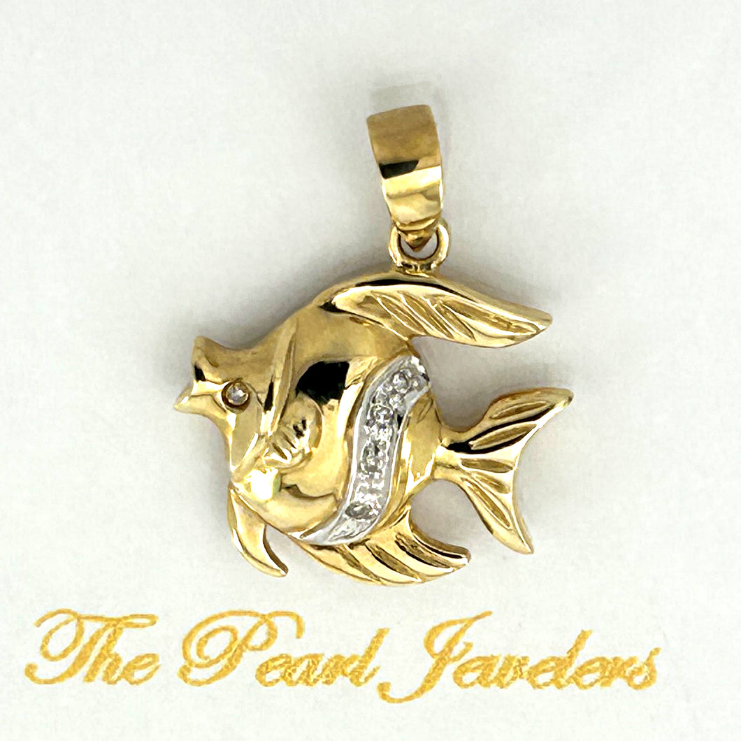 14k Solid Yellow Gold Marine Fish Diamond Pendant Necklace