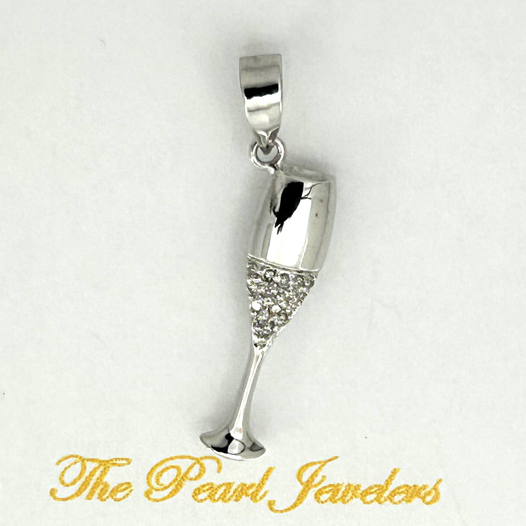 14k Solid White Gold Champagne Cup Diamond Pendant Necklace