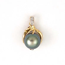 Load image into Gallery viewer, 14k Yellow Gold Diamond Silver-Green Tahitian Pearl Pendant