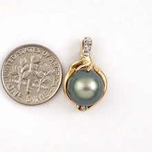 Load image into Gallery viewer, 14k Yellow Gold Diamond Silver-Green Tahitian Pearl Pendant