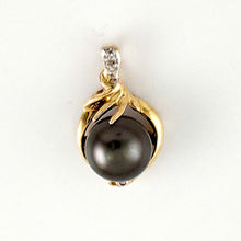 Load image into Gallery viewer, 14k Yellow Gold Feather Black Tahitian Pearl &amp; Diamond Pendant