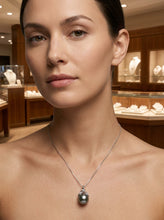 Load image into Gallery viewer, 14k White Gold Diamond &amp; Silver-Green Tahitian Pearl Pendant