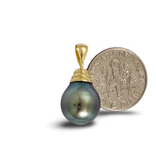 Load image into Gallery viewer, 14k Gold Bell Black-Green Tahitian Pearl Pendant