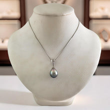 Load image into Gallery viewer, Silver-Tone Tahitian Pearl Pendant in White Gold &amp; Diamonds