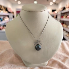 Load image into Gallery viewer, 14k Solid White Gold Pineapple-Bale &amp; Diamond Black Tahitian Pearl Pendant