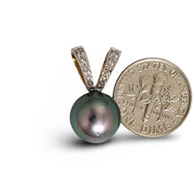 Load image into Gallery viewer, 14k Solid Yellow Gold Rabbit-Ear &amp; Diamond Black Tahitian Pearl Pendant