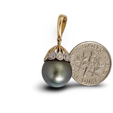 Load image into Gallery viewer, 14k Yellow Gold &amp; 6-Diamond 12 mm Black Tahitian Pearl Pendant