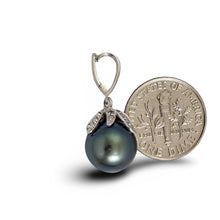 Load image into Gallery viewer, 14k White Gold Flowery-Cup Bale &amp; Diamond Baroque Tahitian Pearl Pendant
