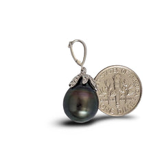 Load image into Gallery viewer, 14k White Gold Flowery-Cup Bale &amp; Diamond Black Tahitian Pearl Pendant
