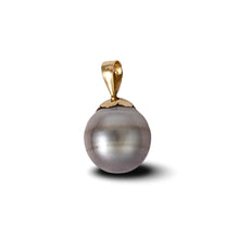 Load image into Gallery viewer, 14k Yellow Gold Flower- Enhancer Bail &amp; Diamond Silver Tahitian Pearl Pendant
