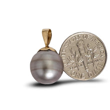 Load image into Gallery viewer, 14k Yellow Gold Flower- Enhancer Bail &amp; Diamond Silver Tahitian Pearl Pendant