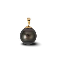 Load image into Gallery viewer, Genuine Black Tahitian Pearl &amp; 14k Yellow Gold Flower-Bale Pendant
