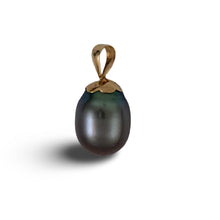 Load image into Gallery viewer, Genuine Black Tahitian Pearl &amp; 14k Yellow Gold Flower-Bale Pendant