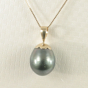 14k Solid Yellow Gold Flower Bale Genuine Black-Green Tahitian Pearl Pendant