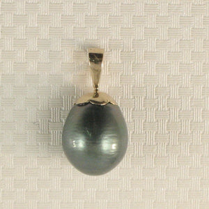 14k Solid Yellow Gold Flower Bale Genuine Black-Green Tahitian Pearl Pendant