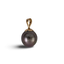Load image into Gallery viewer, Genuine Black-Blue Tahitian Pearl &amp; 14k Yellow Gold Flower-Bale Pendant