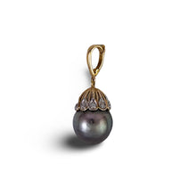 Load image into Gallery viewer, Black Gray Tahitian Pearl &amp; 14k Yellow Gold Flowery-Cap Bale with 6 Diamonds Pendant