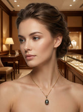 Load image into Gallery viewer, Black Gray Tahitian Pearl &amp; 14k Yellow Gold Flowery-Cap Bale with 6 Diamonds Pendant
