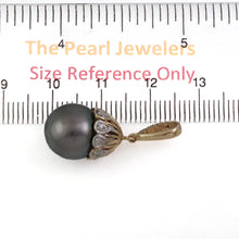 Load image into Gallery viewer, Black Tahitian Pearl &amp; 14k Yellow Gold Flowery-Cap Bale with 6 Diamonds Pendant