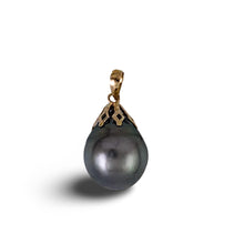 Load image into Gallery viewer, 14k Yellow Gold Flowery-Cap &amp; Diamond Baroque Tahitian Pearl Pendant