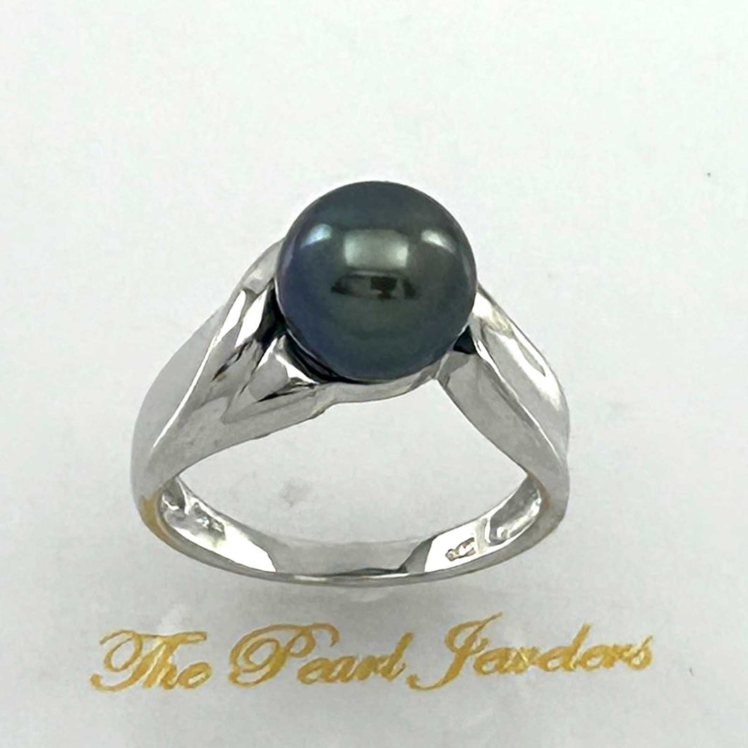 14k White Gold Black Pearl Solitaire Ring