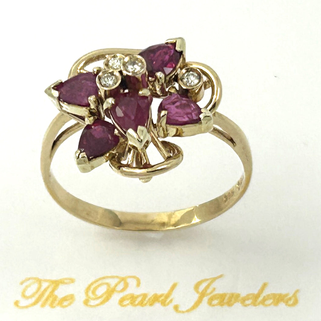14K Solid Yellow Gold Genuine Diamonds & Pear Ruby Cocktail Ring