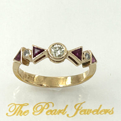 14K Yellow Gold Diamonds & Trilliant Cut Red Ruby Band Ring