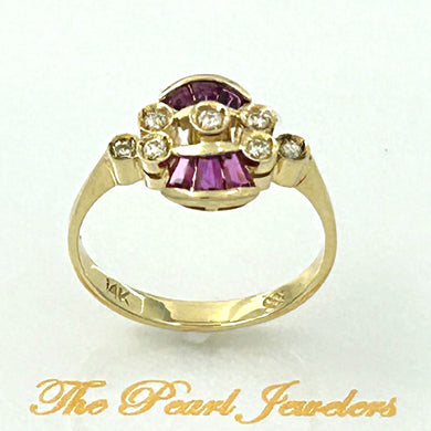 14K Yellow Gold Genuine Diamonds & Baguette Ruby Cocktail Ring