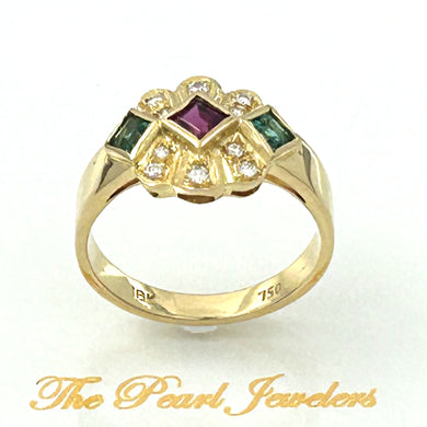 18K Yellow Gold Genuine Diamonds, Ruby & Emerald Bezel Band Ring