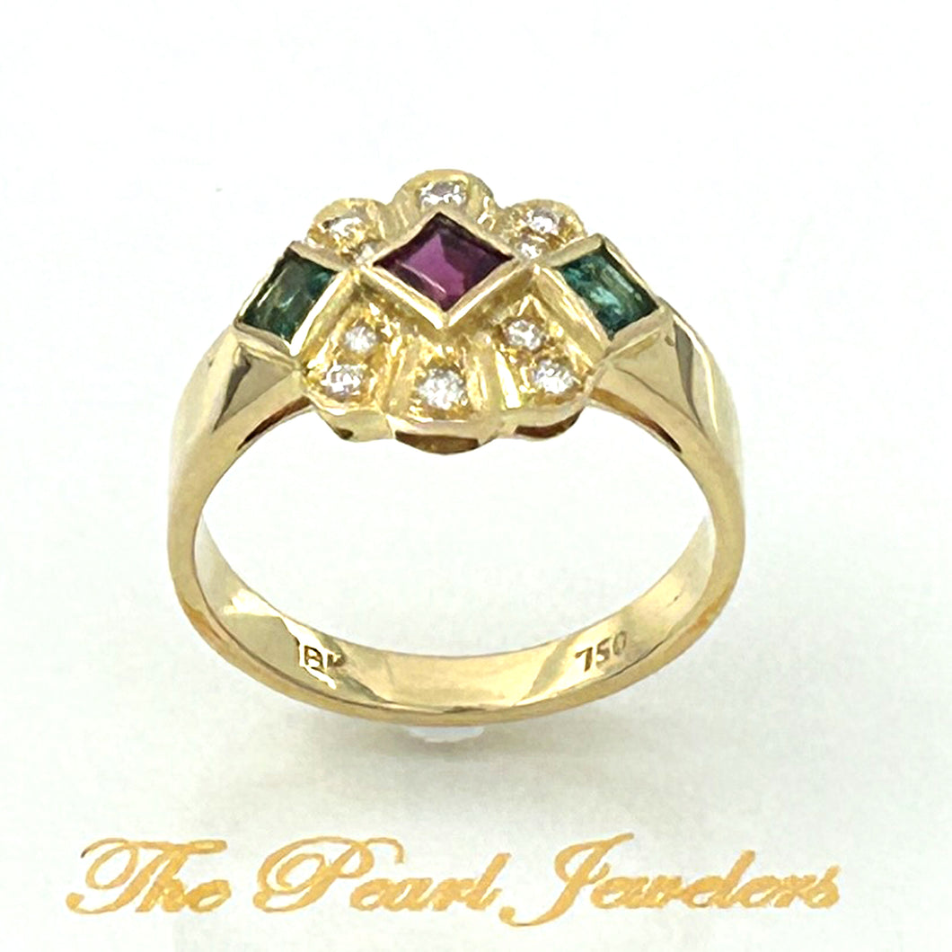 18K Yellow Gold Genuine Diamonds, Ruby & Emerald Bezel Band Ring