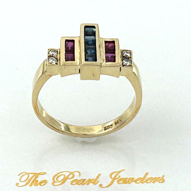 14K Yellow Gold Genuine Diamond, Square Sapphire & Ruby Band Ring