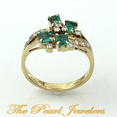 14K Yellow Gold Diamond & Baguette Emerald Cocktail Ring