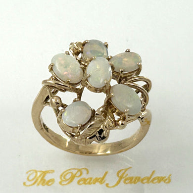 14K Yellow Gold 6 Cabochon Cut Genuine Opal Cocktail Ring