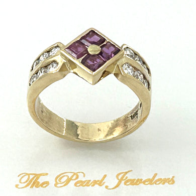 14K Yellow Gold Square Ruby & Diamond Channel Cocktail Ring