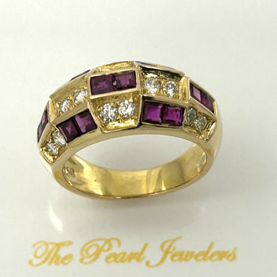 18K Yellow Gold Square Ruby & Diamond Band Ring