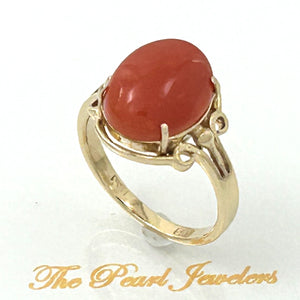 3201036-A-Simple-Yet-Elegant-Oval-Natural-Red-Coral-14K-Solid-Gold-Ornate-Ring