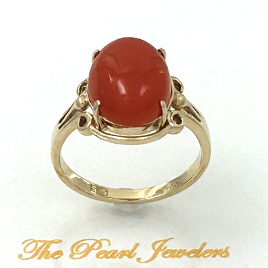 14K Yellow Gold Natural Red Coral Ornate Ring