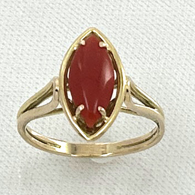 14K Yellow Gold Marquise Red Coral Ornate Ring