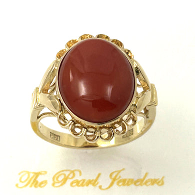 14K Yellow Gold Cabochon Oval Red Coral Ring
