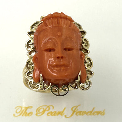 14K Yellow Gold Kuan Yin Face Carved Red Coral Ring
