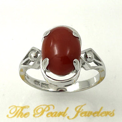 14K White Gold Oval Red Coral Ring