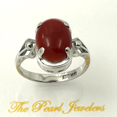 Genuine & Natural Red Coral 14K Solid White Gold Ring