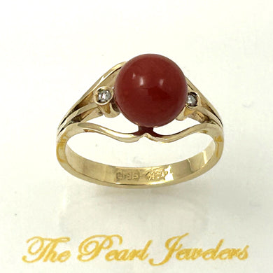 14K Yellow Gold Red Coral & Diamond Ring