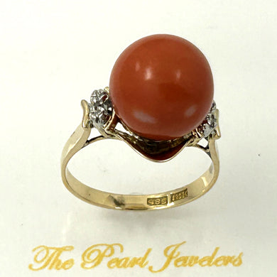 14K Yellow Gold Red Coral & Diamond Ring