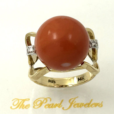 14K Yellow Gold Red Coral & Diamond Ring