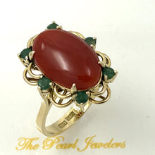 Load image into Gallery viewer, 3201312-14K-Solid-Yellow-Gold-Genuine-Natural-Red-Coral-Emerald-Ring