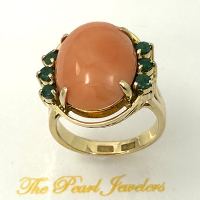14K Yellow Gold Angel Skin Coral & Emerald Ring