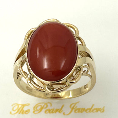 14K Yellow Gold Red Coral Cabochon Ring