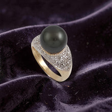 Load image into Gallery viewer, Black Tahitian Pearl Ring 14K Yellow Gold Diamond Cocktail Ring
